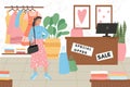 Fashion shop interior with female character vector flat cartoon illustration. Wardrobe shop with clothes.