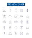 Fashion shop line icons signs set. Design collection of Fashion, Shop, Clothes, Apparel, Boutique, Store, Retail