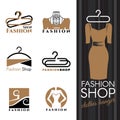 Fashion shop logo - Brown Dress and Clothes hanger vector set design