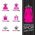 Fashion shop logo - Clothes hanger and dress shopping bag and butterfly