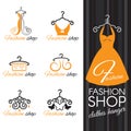 Fashion shop logo - Orange Clothes hanger and dress and butterfly