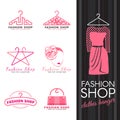 Fashion shop logo - pink clothes hanger and woman face logo vector set design