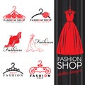 Fashion shop logo - Red dress and Clothes hanger logo vector set design Royalty Free Stock Photo