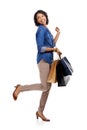 Fashion, shopping or excited black woman in studio on white background with marketing mockup space. Celebration, sales