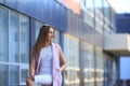 Fashion Shopping Girl Portrait. Beautiful girl in sunglasses. Smiling woman Royalty Free Stock Photo