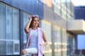 Fashion Shopping Girl Portrait. Beautiful girl in sunglasses. Smiling woman Royalty Free Stock Photo