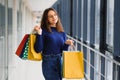 Fashion Shopping Girl Portrait. Beauty Woman with Shopping Bags in Shopping Mall. Shopper. Sales. Shopping Center