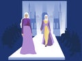 Fashion show. Muslim women models. Vogue industry. In minimalist style. Cartoon flat raster