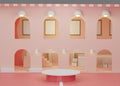 Fashion show stage with isometric building theme background. Empty scene for mock up