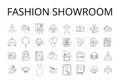 Fashion showroom line icons collection. Beauty salon, Art gallery, Music room, Food court, Movie theater, Fashion Royalty Free Stock Photo