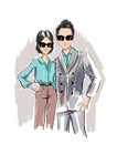 fashion sketch of casual dressed couple in glasses