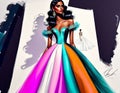 Fashion sketch concept of a beautiful prom dress on a white sheet of paper, colorful, 2d, high details. AI Generated
