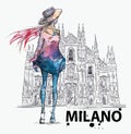 Fashion sketch. Girl on a Milano Duomo background