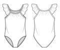 Fashion sketch of one piece swimmingsuit for children, with a ruffles on shoulders Royalty Free Stock Photo