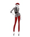Fashion sketch of woman figure in red beret