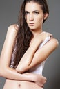 Fashion slim wet woman model with long shiny hair