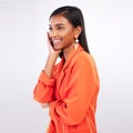 Fashion, smile and young woman in a studio with a classy, formal and stylish blazer outfit. Confidence, beauty and happy Royalty Free Stock Photo