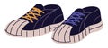 Fashion sneakers with rubber toe. Stylish gumshoes with multicolor laces. Sport shoes pair in urban style. Training