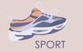Fashion sport shoes with modern design and laces. Blue and orange colors