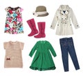 Fashion spring child girl`s clothes collage set isolated. Royalty Free Stock Photo