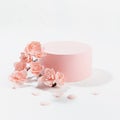 Fashion spring cylinder podium mockup with twig of gentle pink sakura flowers, petals in sunlight with shadow on white background