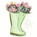 Fashion spring illustration with green rubber boots and cactus flowers for design Royalty Free Stock Photo