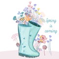 Fashion spring illustration with green rubber boots and flowers for design