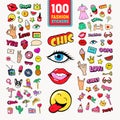 Fashion Stickers and Badges with Lips, Hands and Comic Speech Bubble. Teen Style Doodle