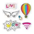 Fashion stickers elements with air balloon, wings and cute elements. Bright vector clip art. Cartoon patches in 80s 90s comic tren Royalty Free Stock Photo