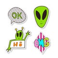 Fashion stickers elements with aliens. Bright vector clip art. Cartoon patches in 80s 90s comic trendy style. Royalty Free Stock Photo