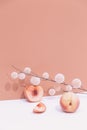 Fashion Still life scene with fresh peach and decor brunch. Minimal details aesthetic