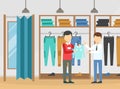 Fashion Store, Man Choosing Clothes in Boutique, Clothing Shop Interior with Shopping Assistant and Customer Cartoon Royalty Free Stock Photo