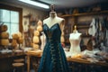 In the fashion studio, a tailors dummy stands adorned with measuring tapes