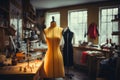 In the fashion studio, a tailors dummy stands adorned with measuring tapes