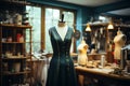 In the fashion studio, a tailors dummy stands adorned with measuring tapes