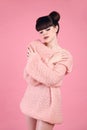 Fashion studio teen look style over pink. Fashionable young girl Royalty Free Stock Photo