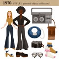 1970 fashion style man and woman personal objects