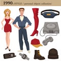 1990 fashion style man and woman personal objects