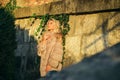 Fashion style portrait of young beautiful elegant woman in creamy fur coat walking at city street. Outdoor waist up