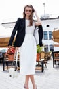 Fashion style street look elegant brunette woman walk cafe restaurant date meeting businesswoman success wear white dress and