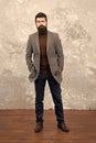 Fashion style and trend. Fashionable look of busy man. Menswear concept. Elegant and stylish hipster. Bearded man in Royalty Free Stock Photo