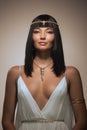 Fashion Stylish Beauty Portrait with Black Short Haircut and Professional Make-Up of Cleopatra Royalty Free Stock Photo