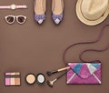 Fashion Stylish Set. Top view. Essentials Cosmetic