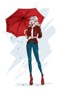 Fashion stylish woman with umbrella. Fashion girl with blonde hair. Sketch. Fashion model with umbrella. Royalty Free Stock Photo