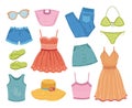 Fashion summer clothes. Clothing clipart, flat dress swimsuit textile. Vacation outfit, sundress and shorts, trendy