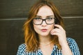 Fashion summer dress woman. Female eye wear. Attractive redhead girl wearing dress retro vintage style. beauty woman Royalty Free Stock Photo