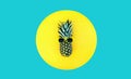 Fashion summer minimalism concept, stylish fresh pineapple in colorful sunglasses on round shaped yellow table or circle, top view