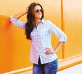 Fashion summer portrait pretty happy woman in sunglasses Royalty Free Stock Photo