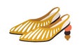 Fashion summer shoes decorated with slits and sculptural heel. Women's trendy footwear with closed toe. Colored flat