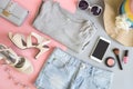 Fashion summer women clothes set with cosmetics and accessories Royalty Free Stock Photo